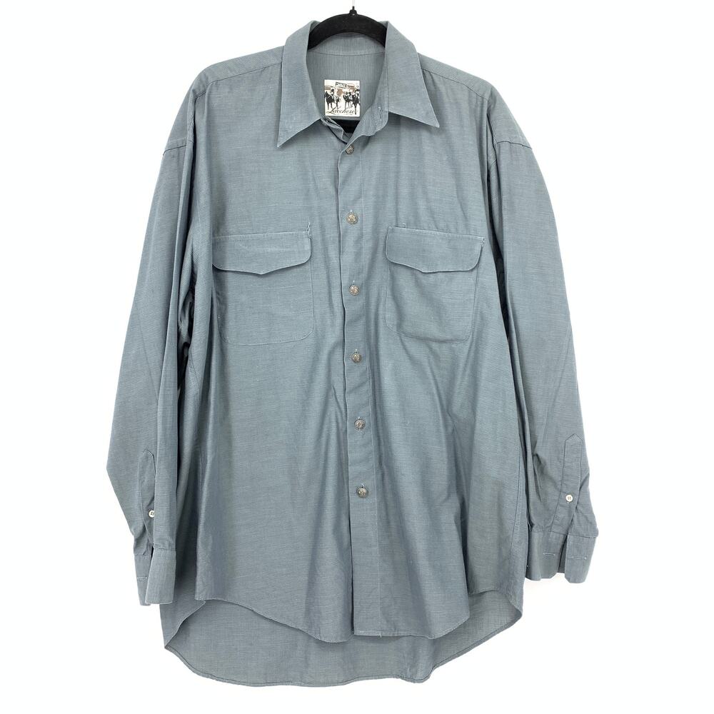 VTG Lucchese Button Down Shirt Mens Apx XL Blue Gray Silver Tone Buttons